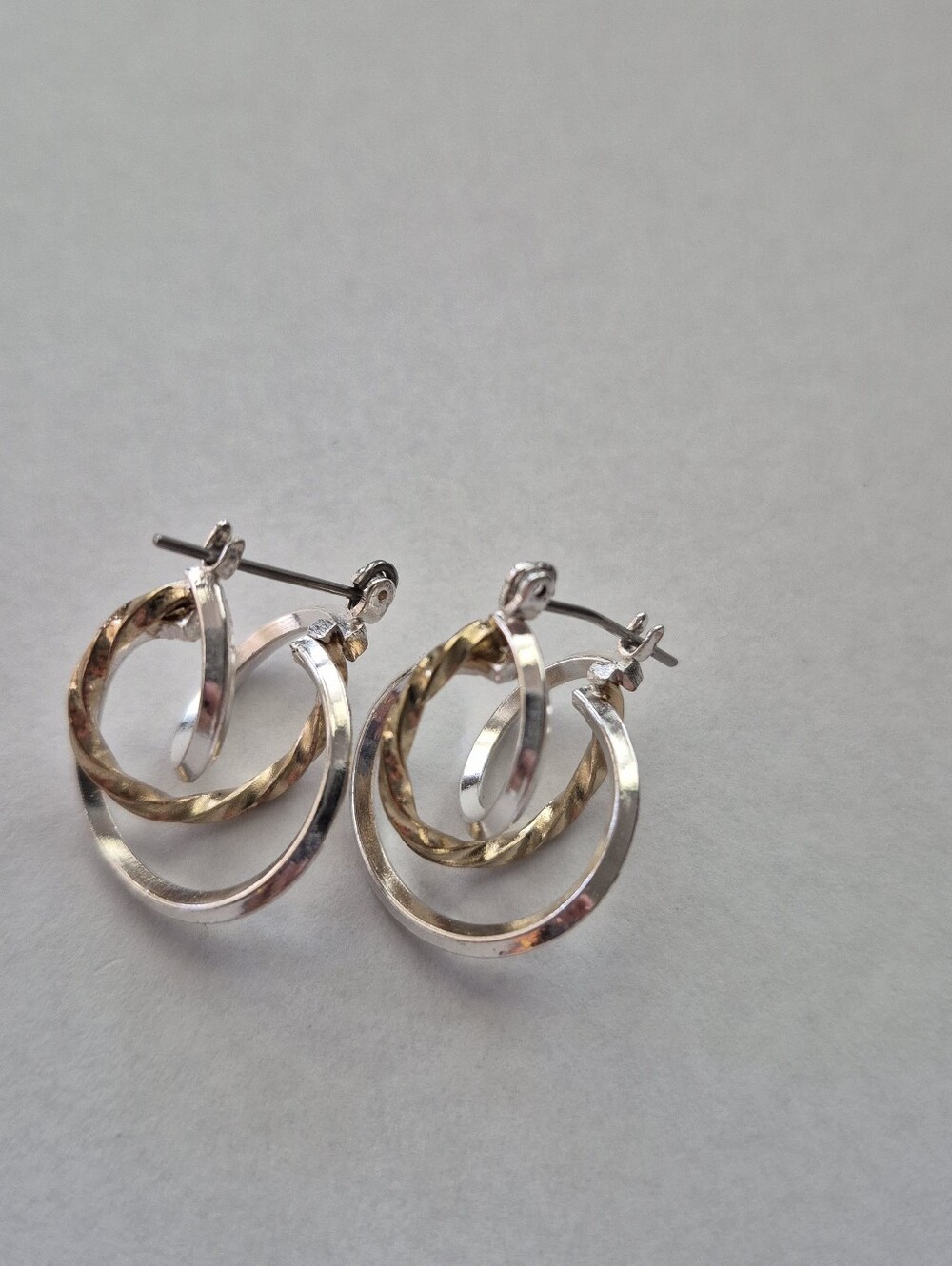 Two-Tone Silver and Gold Double Hoop Pierced Earrings - Picture 3 of 6